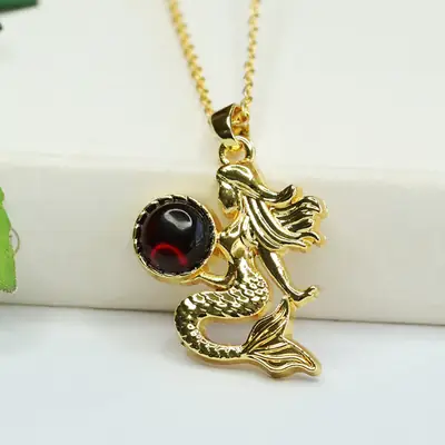 Gold Mermaid Necklace with Blood Amber Pendant