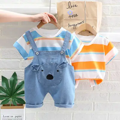 Kids Denim Overalls Rainbow Stripes T-Shirt Set