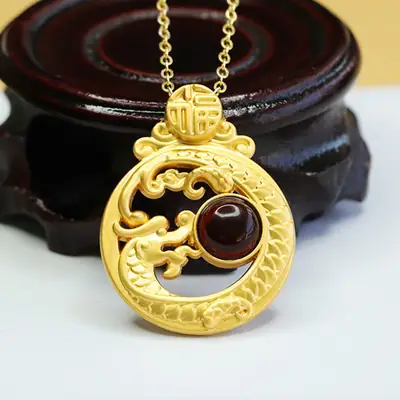 Gold Zodiac Dragon Necklace with Blood Amber Pendant