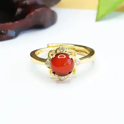 Vintage Red Amber Ring with Crystal Accents