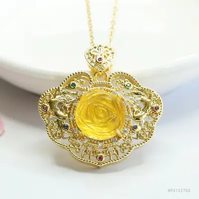 Natural Amber Pendant Gold Necklace for Women
