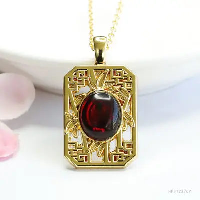 Natural Amber Square Pendant Necklace Ethnic Gold