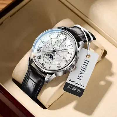 Jiejiashi Men's Waterproof Luminous Calendar Quartz Watch Brown Leather Strap