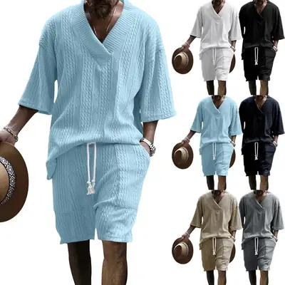 Men's Jacquard Sweater Top Shorts Set Beige