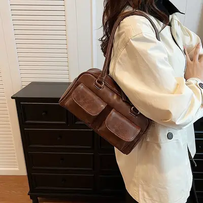 Retro Black Shoulder Bag Women 2024 New High-End Textured