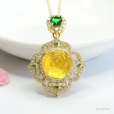 Natural Amber Rose Pendant Gold Necklace Ethnic Style