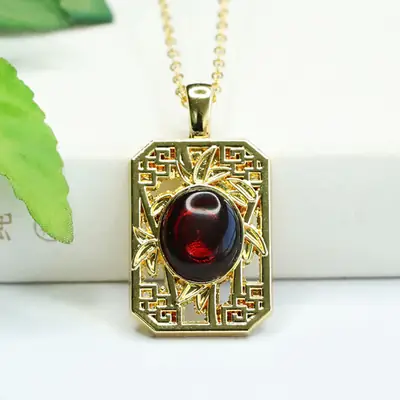 Aiyu Natural Amber Bamboo Square Pendant Necklace Ethnic Style