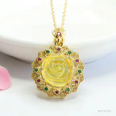Golden Sunflower Pendant Necklace with Natural Amber Accents