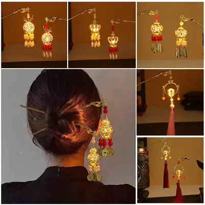 Guofeng Retro Luminous Hairpin with Red Tassels