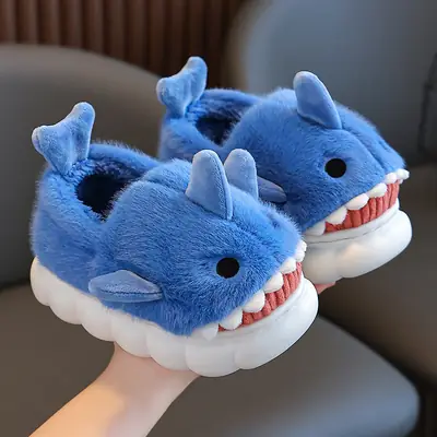 Children's Cotton Slippers, Winter Waterproof, Indoor Non-Slip, Boys' Cute Shark Baby Cartoon, Medium and Large Children's Cotton Slippers