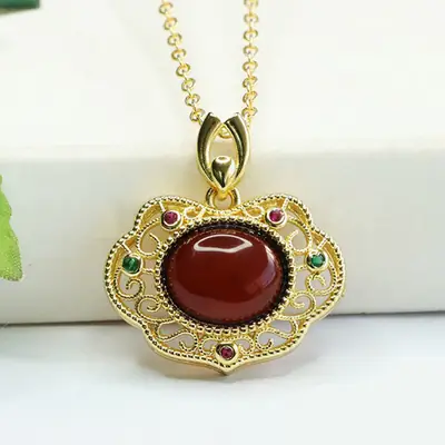 Aiyu Natural Amber Pendant Necklace Blood Red Ruyi Jewelry