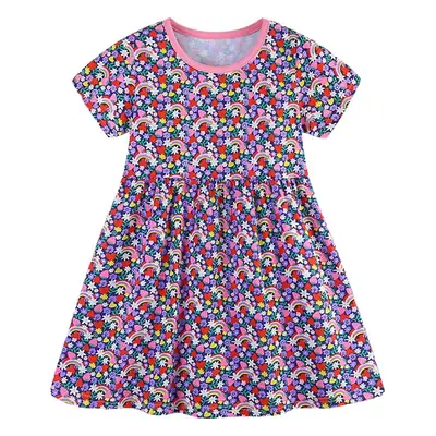 Girls Cartoon Printed Summer Dress Round Neck Short Sleeve