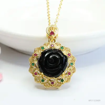Guan Yu Rose Pendant Necklace Gold Black Amber Sunflower Design