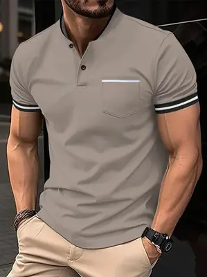 Men's Light Blue Polo Shirt with Flap Pocket & Stand-Up Collar