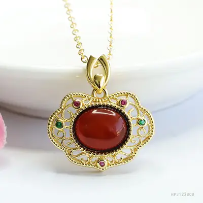 Guan Yu Natural Amber Pendant Necklace Blood Red Ruyi Jewelry