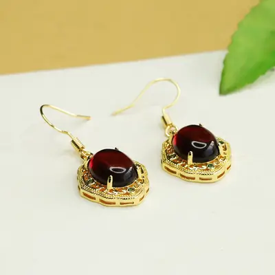 Aiyu Natural Amber Blood Earrings Gold Plated Baltic Sea Hooks