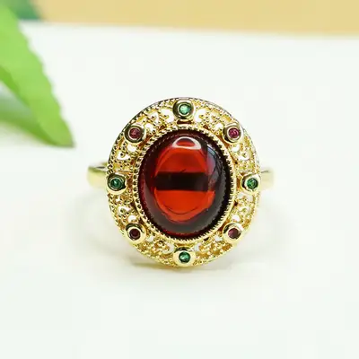 Aiyu Natural Amber Ring with Green Stones Ethnic Style