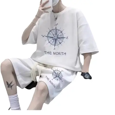 Men's White Compass Print T-Shirt Shorts Set