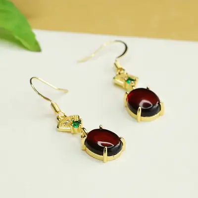 Ancient Style Blood Amber Fan Earrings for Women