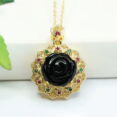Black Rose Sunflower Necklace with Gold Plated Pendant