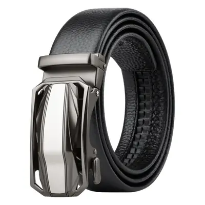 Men's Automatic Buckle Leather Belt Black Silver