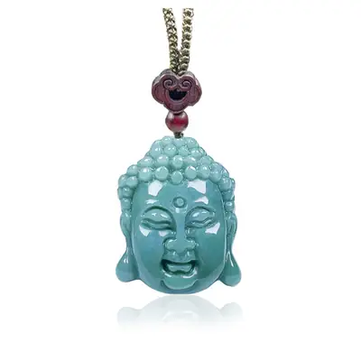 Ice-Clear Blue Buddha Head Jade Pendant with Silk Chain