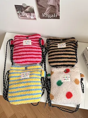 Plush Rainbow Polka Dot Shoulder Bag for Women
