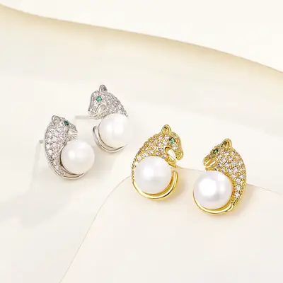 Leopard Pearl Earrings Gold Plated with Zircon & Green Stones