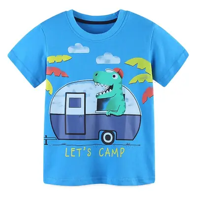 2025 Boys Cotton Camping T-Shirt Blue Dinosaur