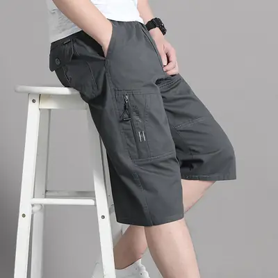 Men Grey Cropped Cotton Shorts Middle Age Casual Breeches