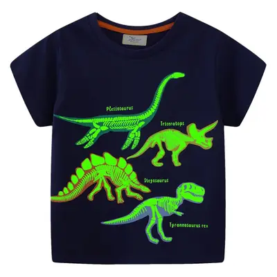 2025 Boys Cartoon Dinosaur T-Shirt Navy Blue Short Sleeve