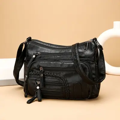 Brown Woven Multi-Pocket Shoulder Bag for Women
