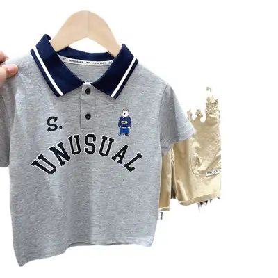 2024 Boys Polo Shirt Grey Blue Cartoon Print
