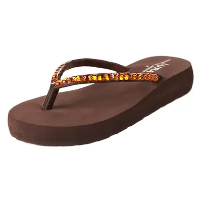 Ladi Women's Beige Rhinestone Flip Flops Mid Heel