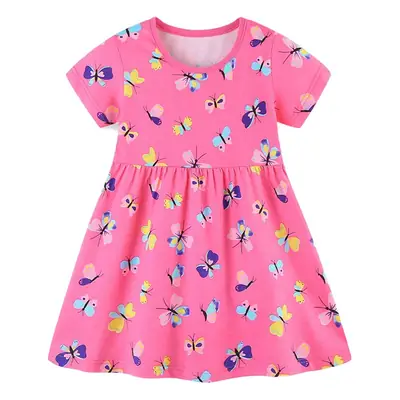 Pink Butterfly Print Girls Dress Cotton Summer Wear