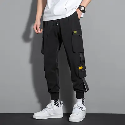 Men's Ankle-Tied Multi-Pocket Pants Black Green Gray