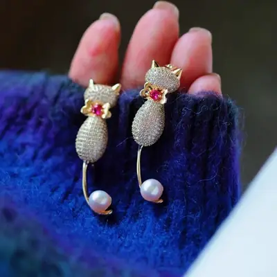 Cute Cat Pearl Brooch Set for Women