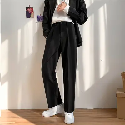 Men's Grey Wide Leg Casual Pants with White Sneakers