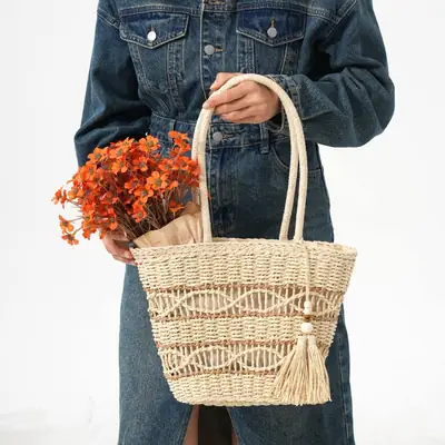 Straw Tote Bag 27cm High Women Beach Carryall