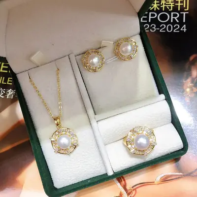 New Freshwater Pearl Necklace Earrings Ring Set Gold Plated