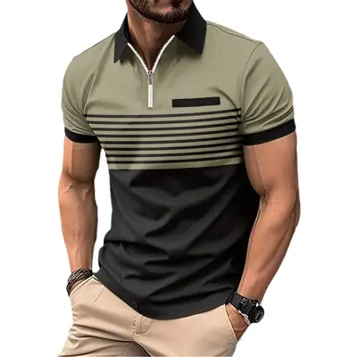 Men Striped Polo Shirt Olive Black Zipper 2026