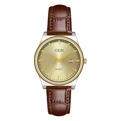 Gold Leather Watch with Calendar & Quartz