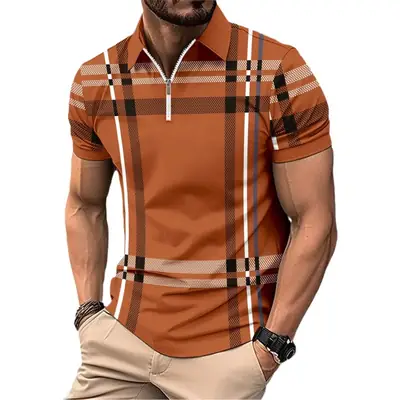 Men Blue Plaid Zip Polo Shirt Short Sleeve