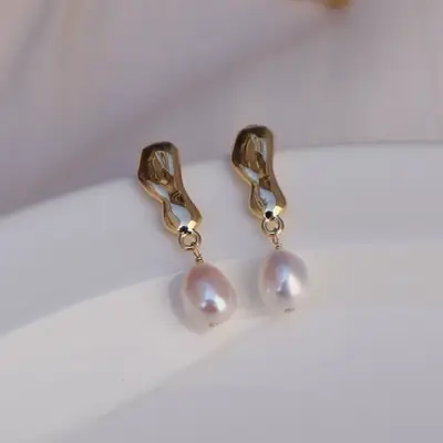 Gold Plated Pearl Earrings with Hammer Design