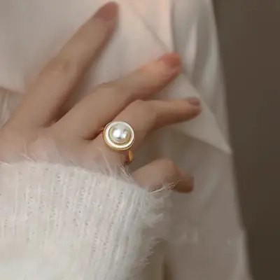 Round Natural Pearl Ring French Style Luxury Open Ring