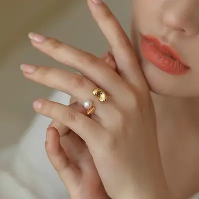 Women's Open Ring with Pearl & Gold Plated