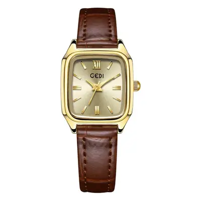 Gadi Women's Leather Watch Square Gold Dial Waterproof Quartz