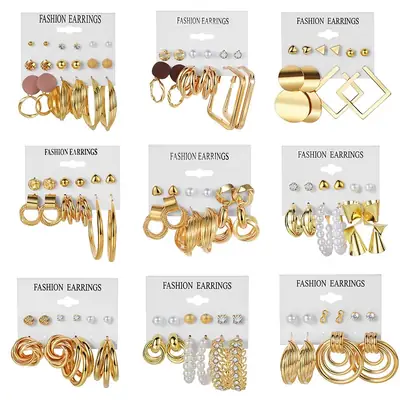 Golden Geometric Earrings Set 6-Piece Cross Border Alloy