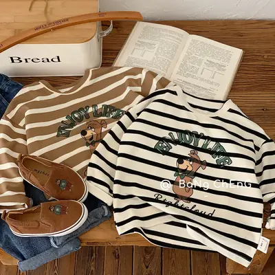 Girls Striped T-Shirt Bear Print Long Sleeve Set