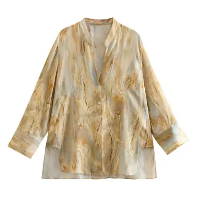Foreign trade 2023 spring new tie-dyed silk satin texture printed shirt mid-waist straight trousers suit 2474010